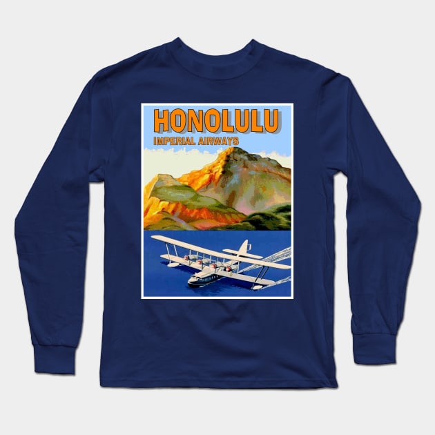 Imperial Airways Vintage Fly to Honolulu Travel Advertising Poster Print Long Sleeve T-Shirt by posterbobs